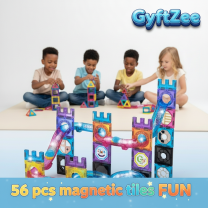 (56 Piece) Light Magnetic Tiles – 3D Educational Building Blocks for Kids