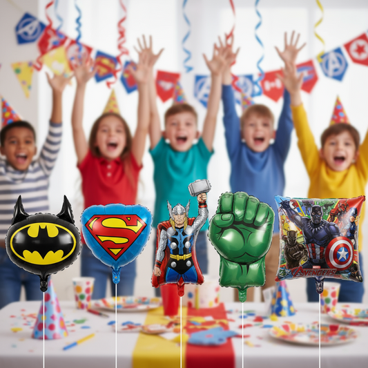 Children at a birthday party with superhero balloons and decorations.