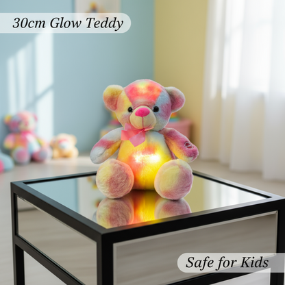 Glowing teddy bear on a glass table with a soft background