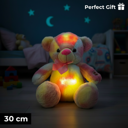 Glowing teddy bear toy with colorful lights in a dark room, labeled as a 'Perfect Gift'.