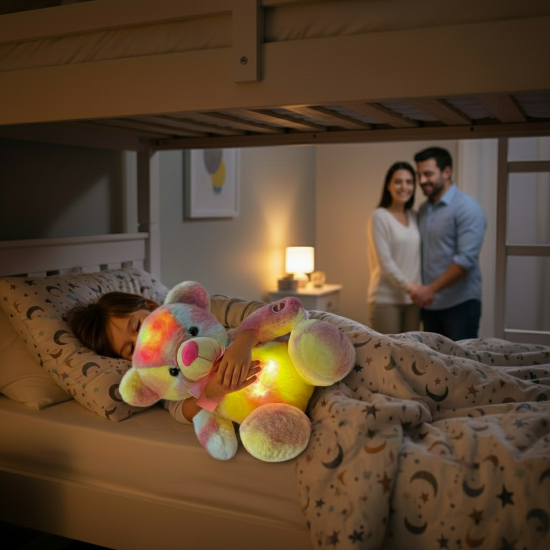 Child lying in bed with a glowing teddy bear, parents standing in the background.