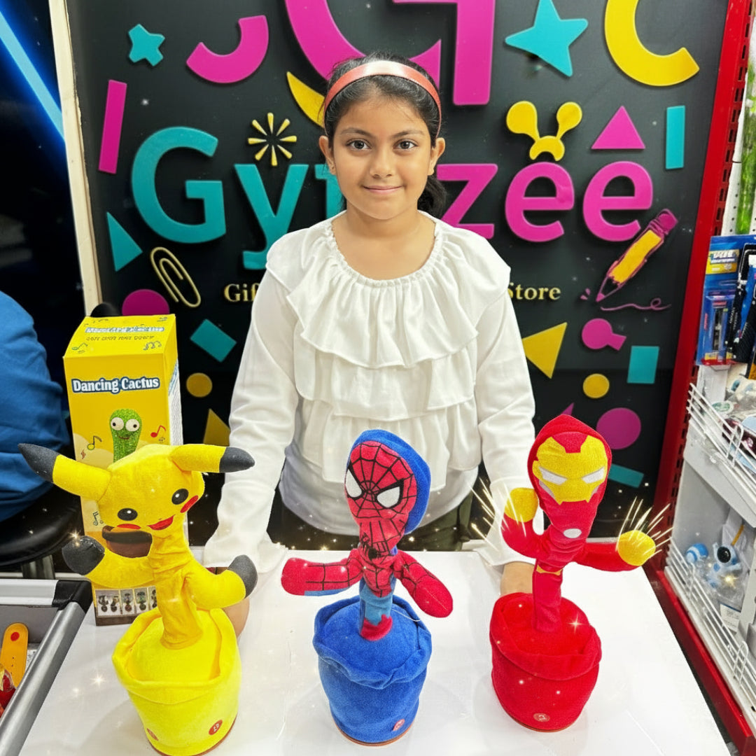 Kid standing on avenger cactus colorful display with GyftZee toys