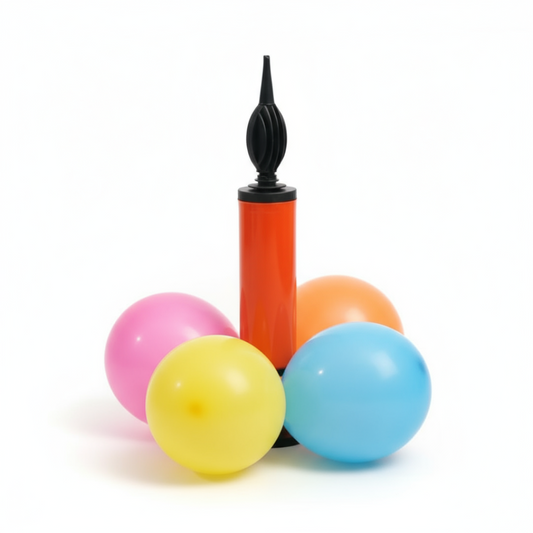 Inflator with colorful balloons on a white background