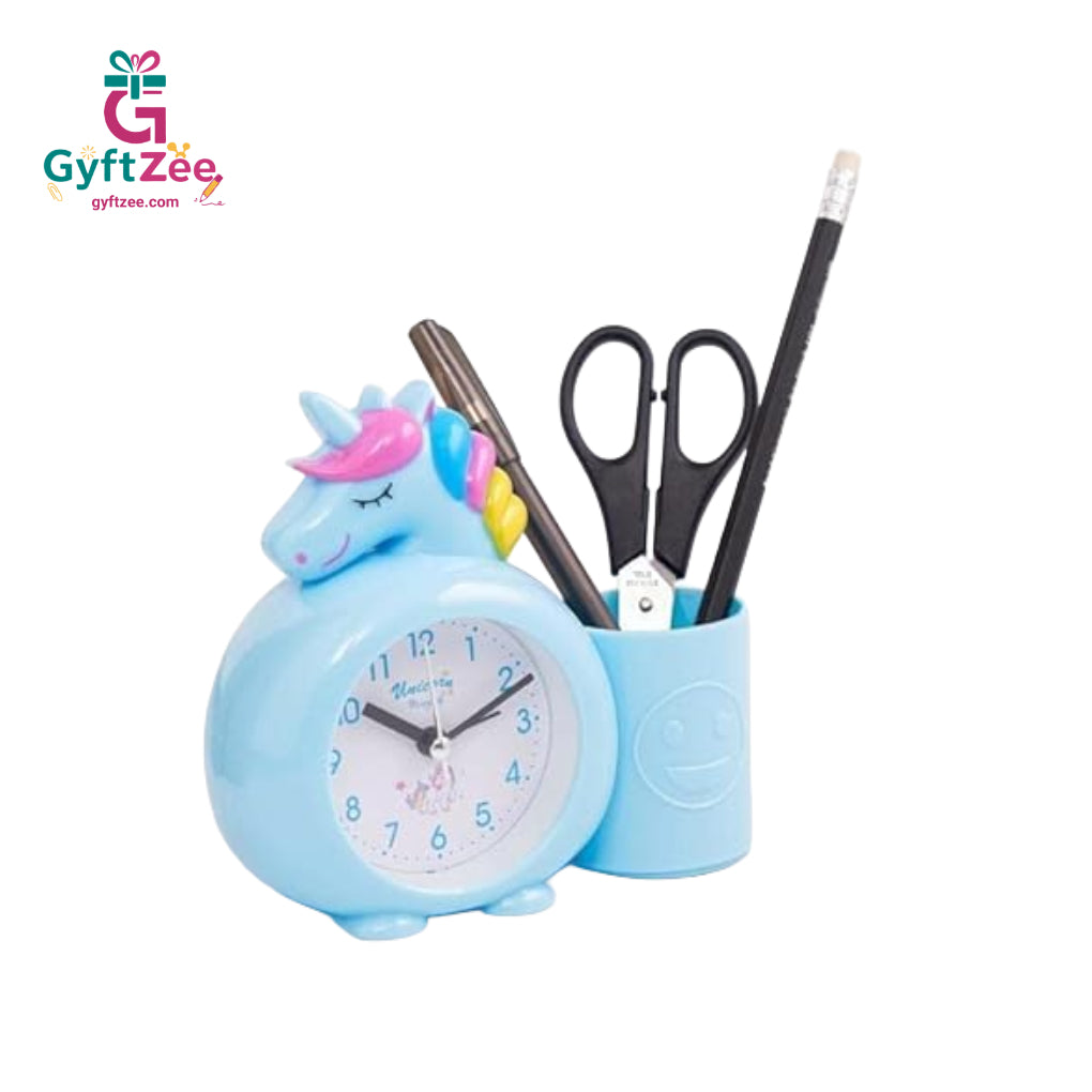 [Random color] Unicorn Analog Alarm Clock with Pen Holder for Kids’ Bedroom – Multifunctional Desk Clock