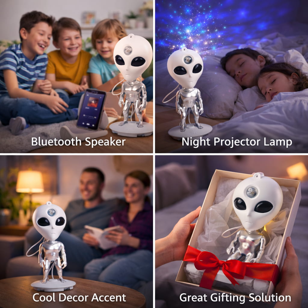 Collage of an alien-shaped Bluetooth speaker, night projector lamp, and decorative item with text labels.