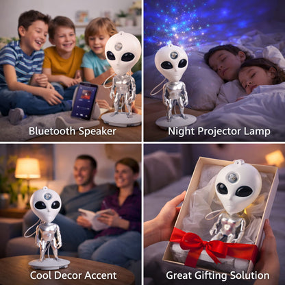 Collage of an alien-shaped Bluetooth speaker, night projector lamp, and decorative item with text labels.