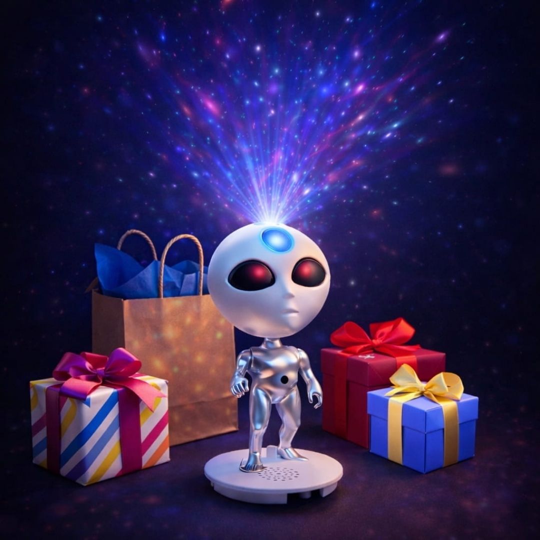 Alien-shaped lamp with starry light projection surrounded by colorful gifts on a dark background