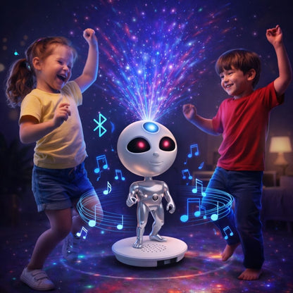 Children dancing with a robot toy that projects lights and music.