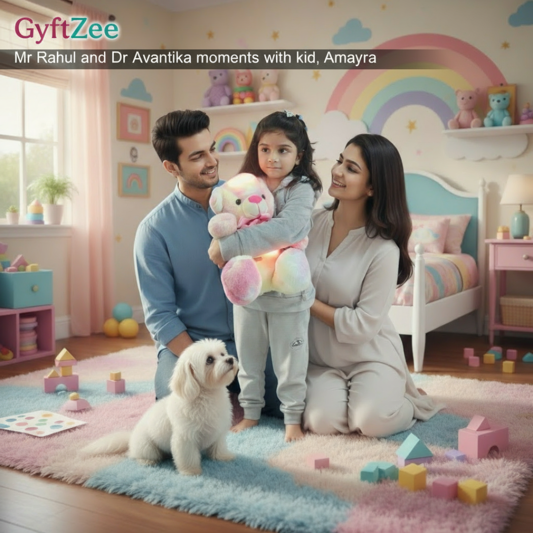 Family with a child in a colorful bedroom with toys and a dog.