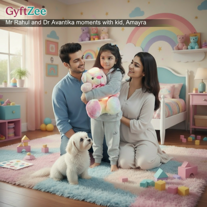 Family with a child in a colorful bedroom with toys and a dog.