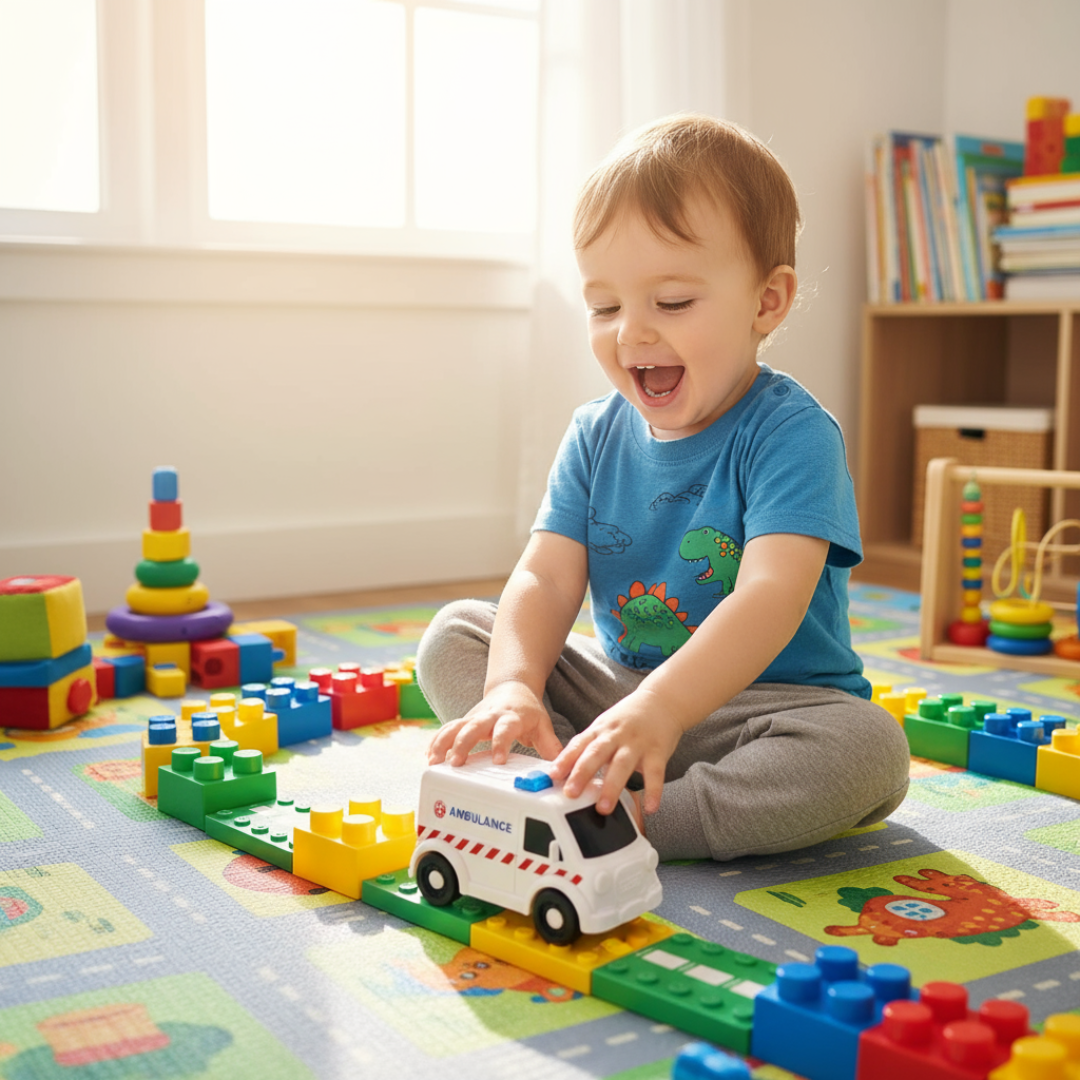 Child playing with toy ambulance and building blocks in a room with toys around