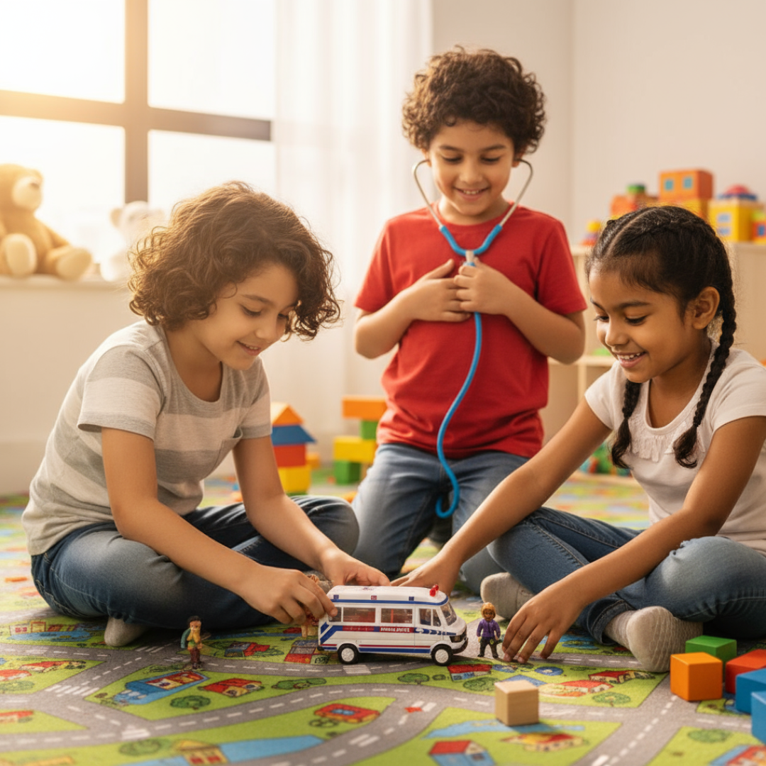 Three children playing with toys on a colorful mat in a room with toys around.