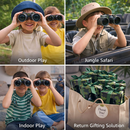Collage of children playing with binoculars in various settings, including outdoor play, jungle safari, and indoor play, with a return gifting solution shown.