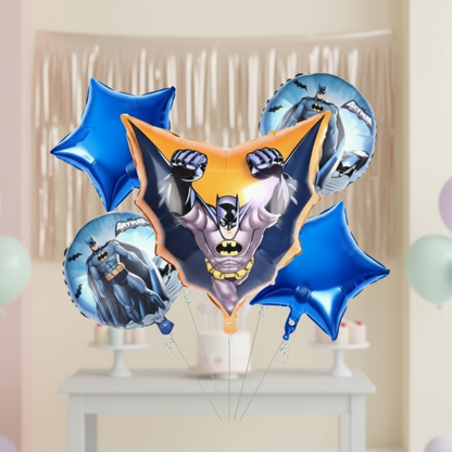 Balloon shaped like a superhero with blue star-shaped balloons on a decorative background