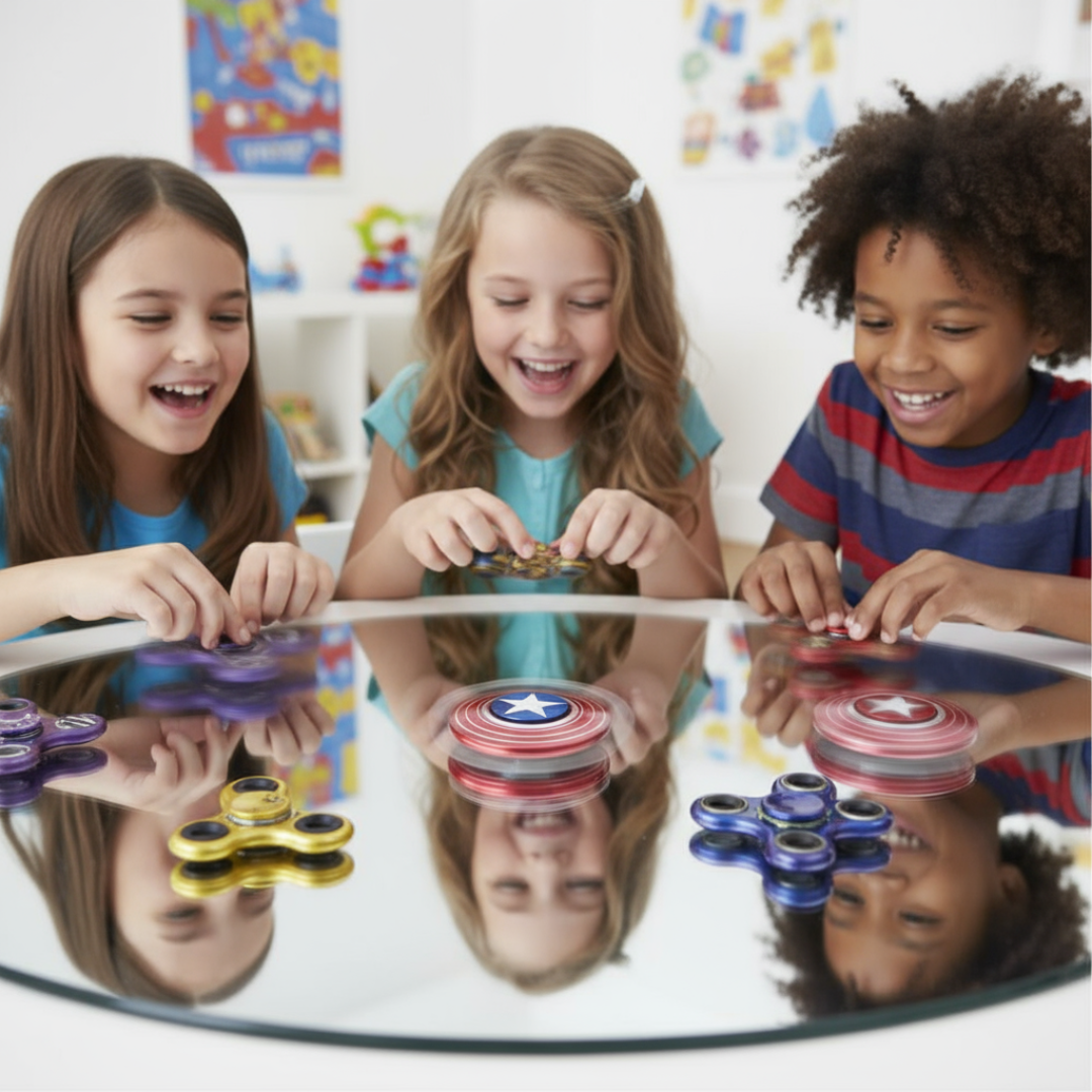 Three children playing with fidget spinners at a table.