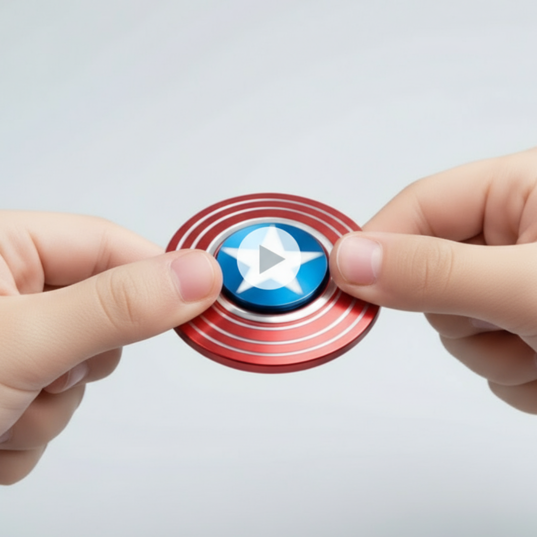 Two hands holding a fidget spinner with a Captain America shield design on a light gray background