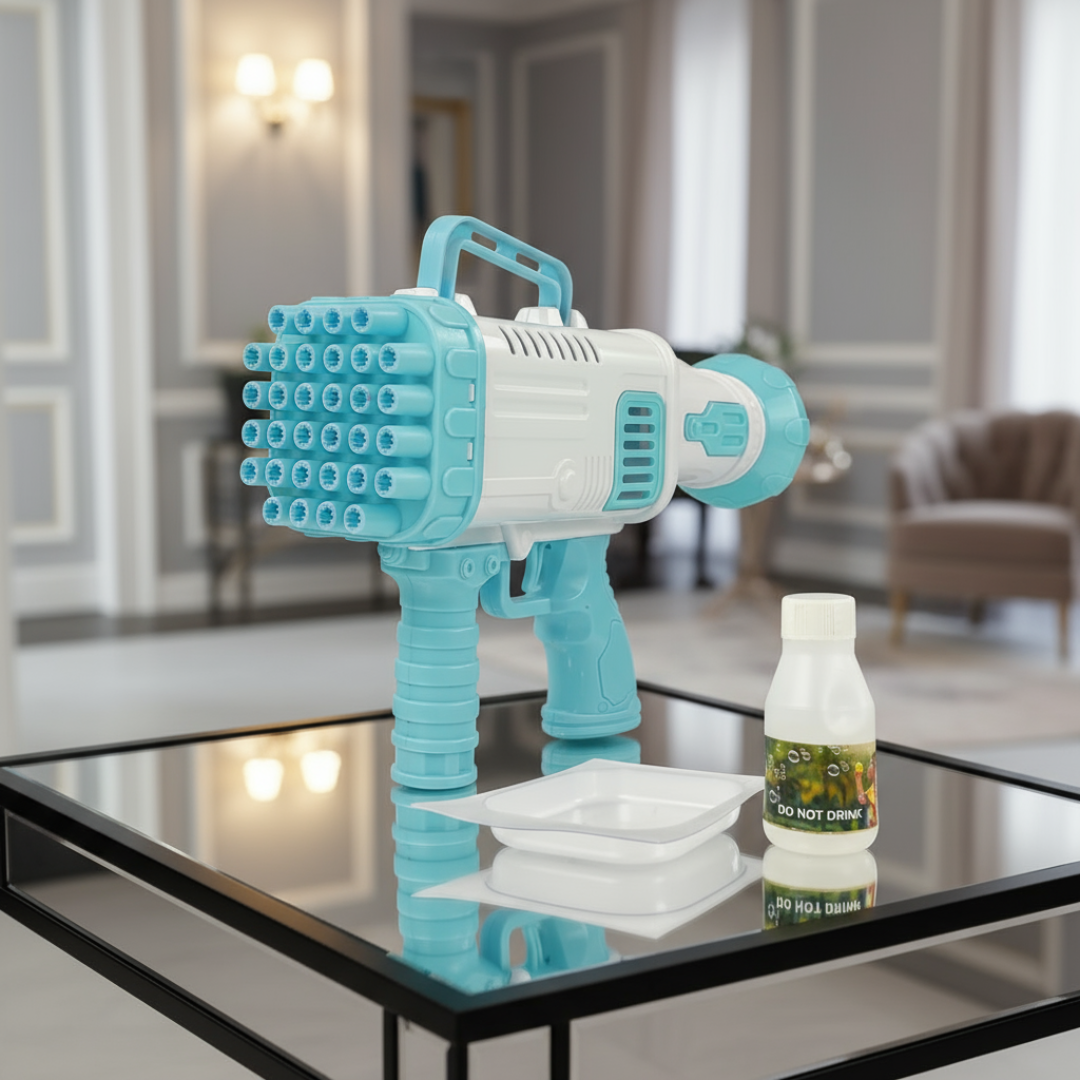 Toy gun with multiple nozzles on a reflective surface in an indoor setting