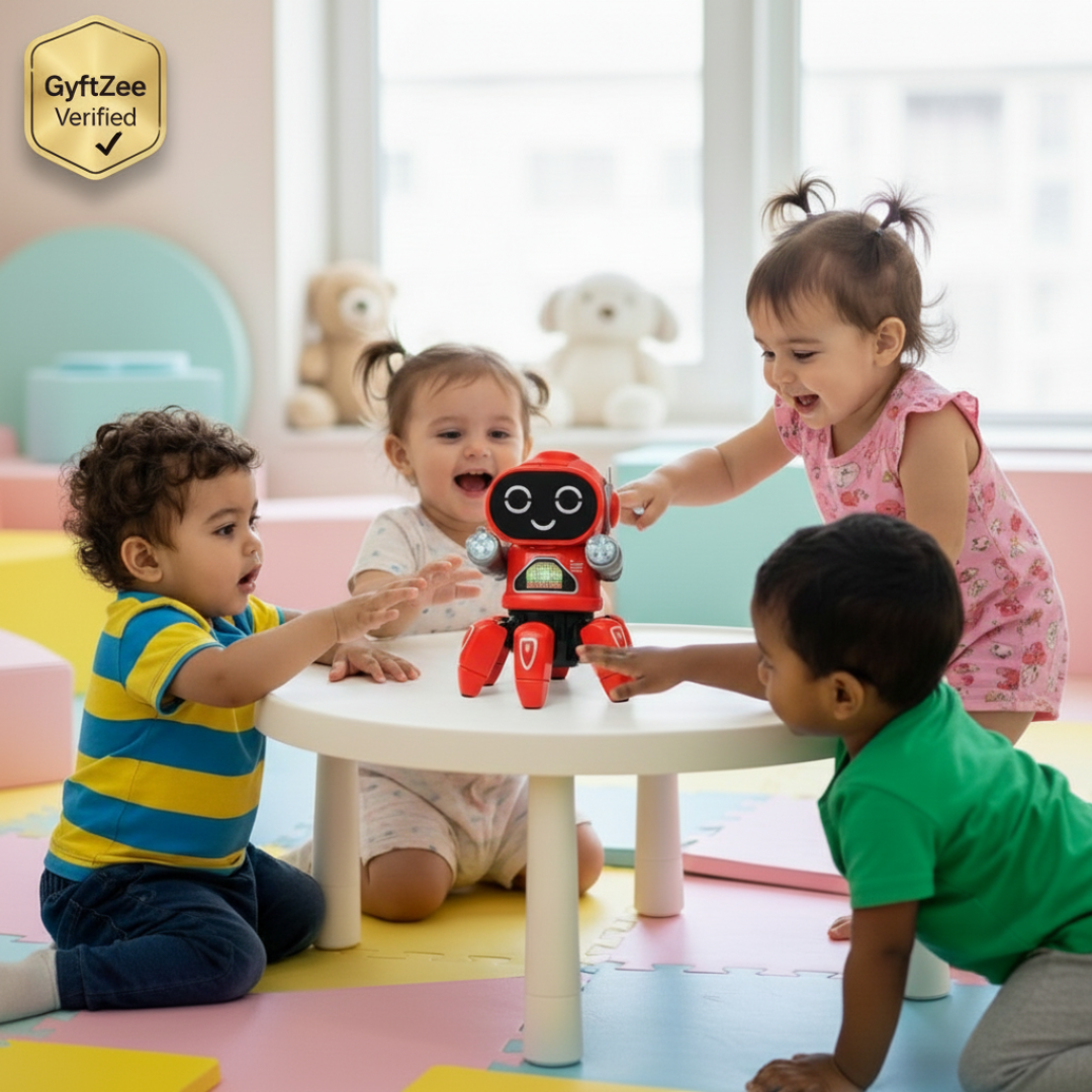 Children playing with a robot toy in a colorful room
