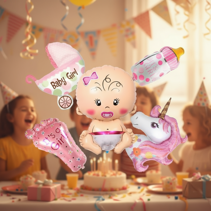 Baby-themed balloons and a toy baby at a birthday party with children in the background.