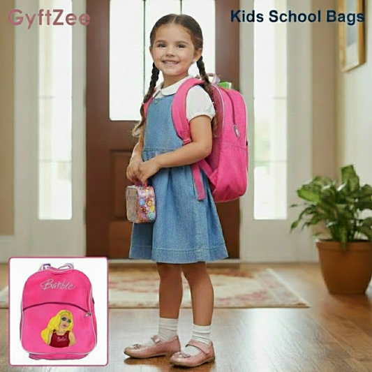 Young girl with a pink backpack and small bag, standing indoors.