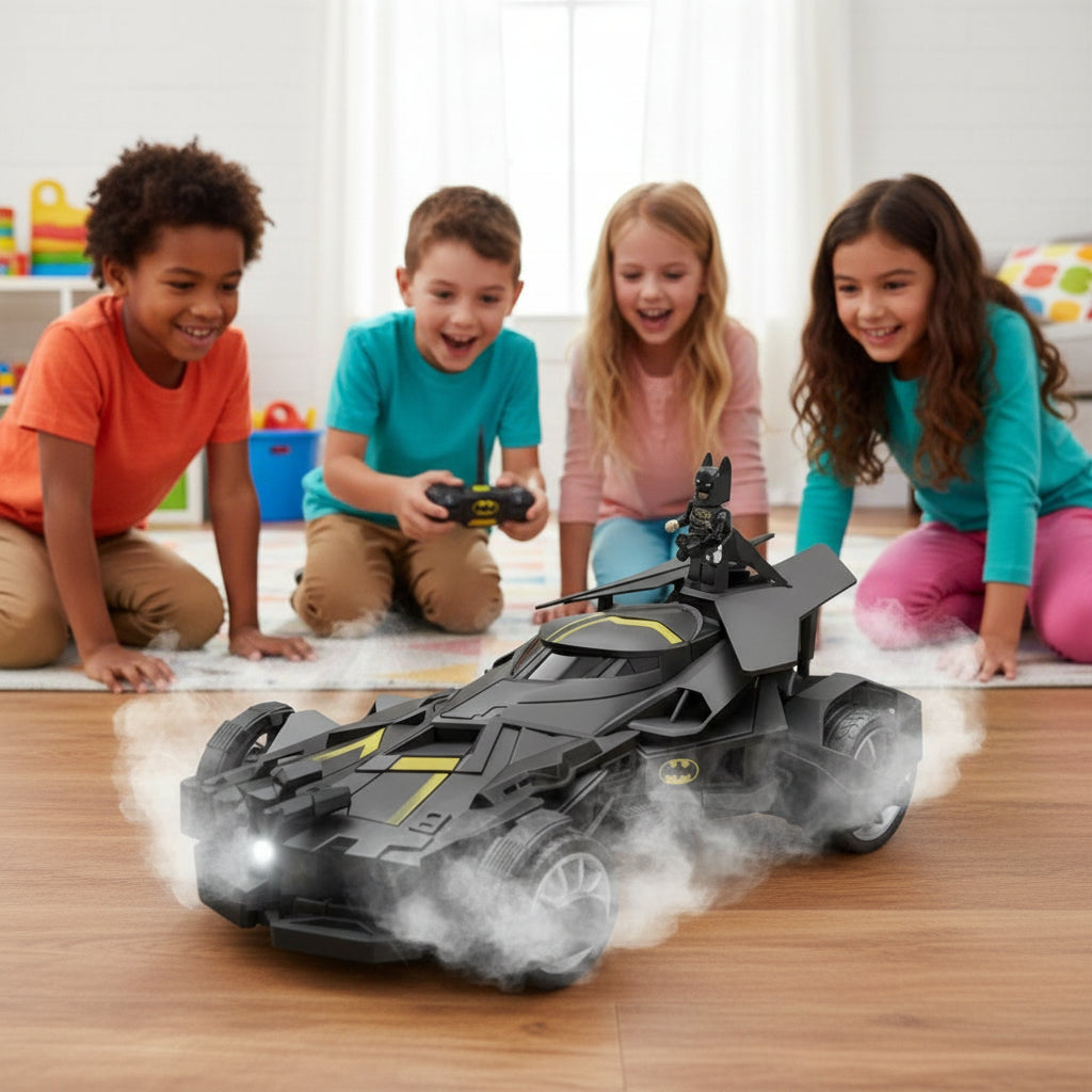 Toy Batmobile with Bat Signal on a white background, featuring the GYFTZEE verification logo.