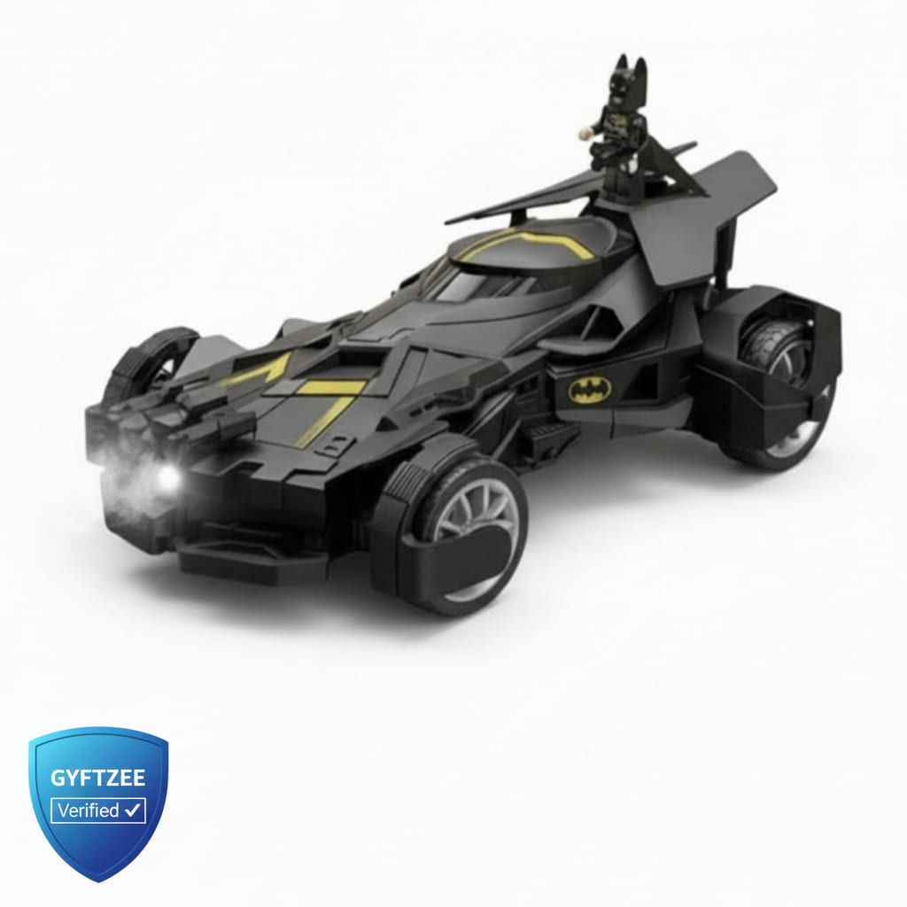 Toy Batmobile with Bat Signal on a white background, featuring the GYFTZEE verification logo.