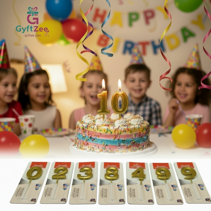 Birthday cake with lit candles and children in the background, featuring GyftZee branding.