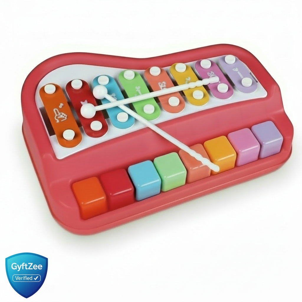 Colorful toy keyboard with xylophone keys on a white background, featuring the GyftZee logo.
