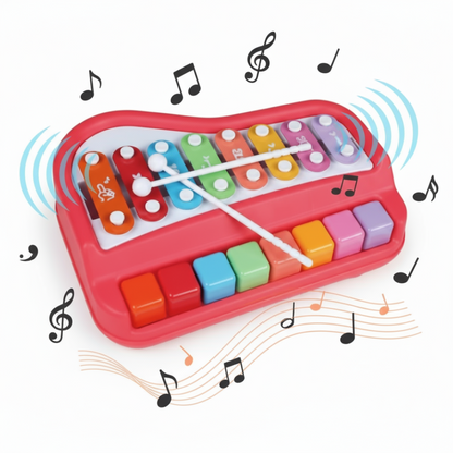 A colorful xylophone musical toy with 8-scale rainbow keys, designed for kids. The toy is primarily red with multiple bright-colored keys and includes a pair of small metal mallets.