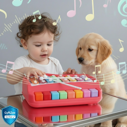 Child playing with a colorful toy keyboard next to a dog, surrounded by music notes.