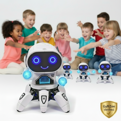 Children playing with a robot toy on a white background