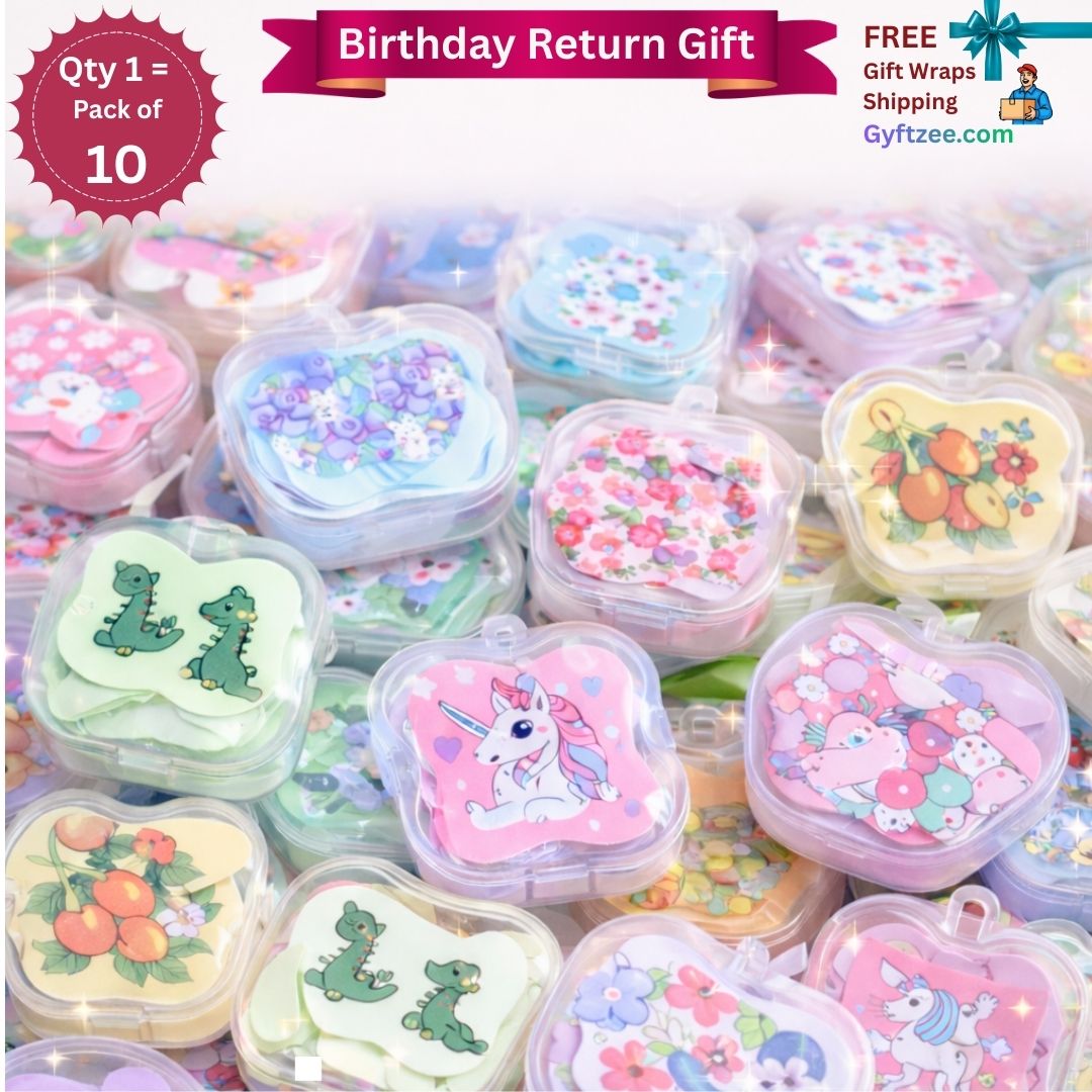 Assorted small containers with various designs on a white background, promoting birthday return gifts.