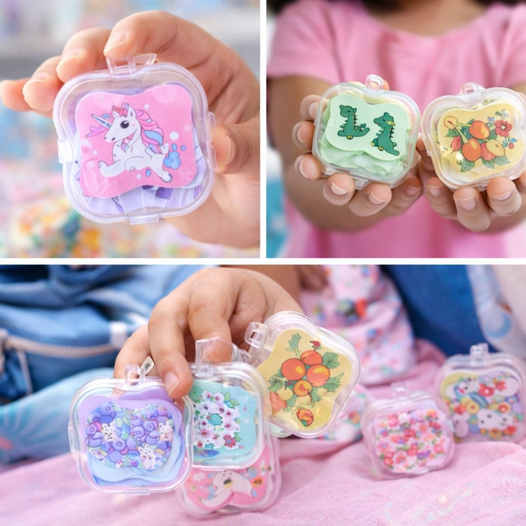 Children holding small, colorful containers with cartoon designs.