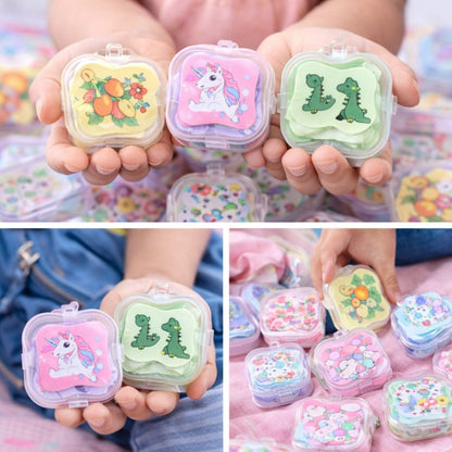 Children holding small, colorful containers with cartoon designs.