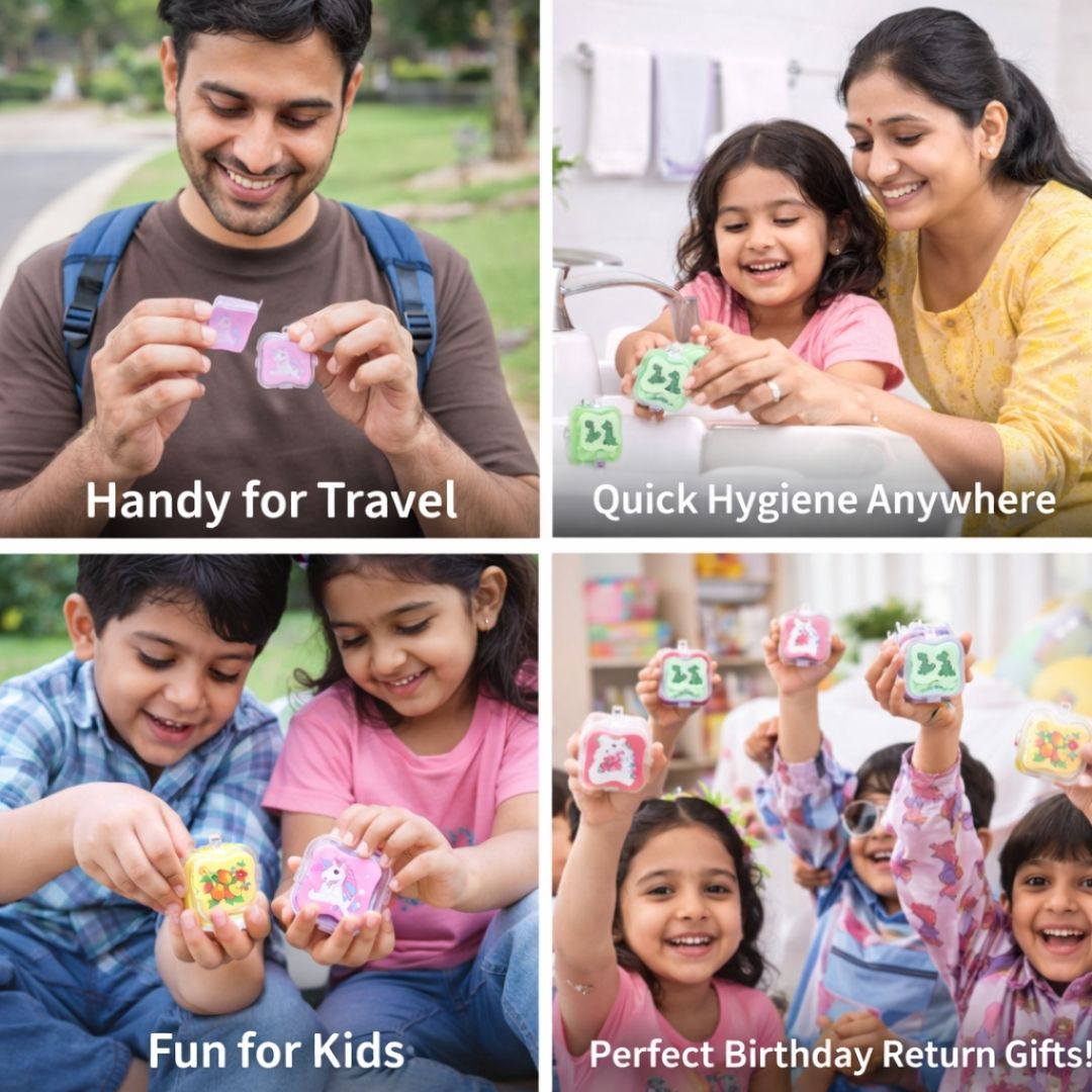 Collage of people using small containers with text highlighting their features.
