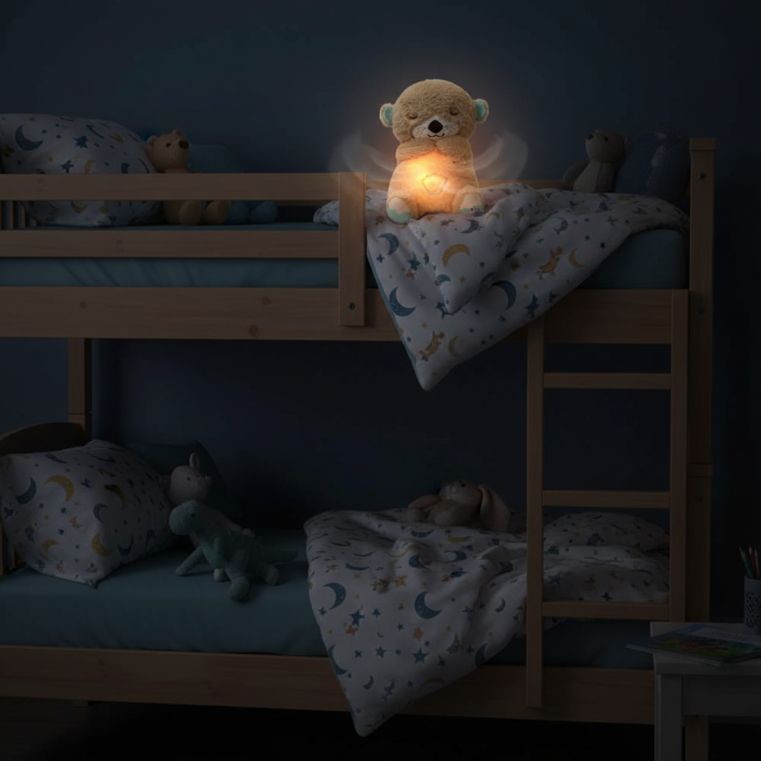 Children's bedroom with bunk beds and a glowing teddy bear on top of one bed.