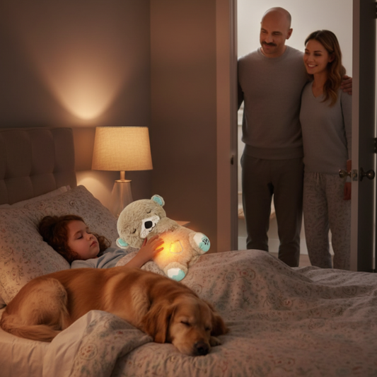 Family in pajamas with a child holding a breathing teddy bear and a dog on a bed, with a couple standing in the doorway.