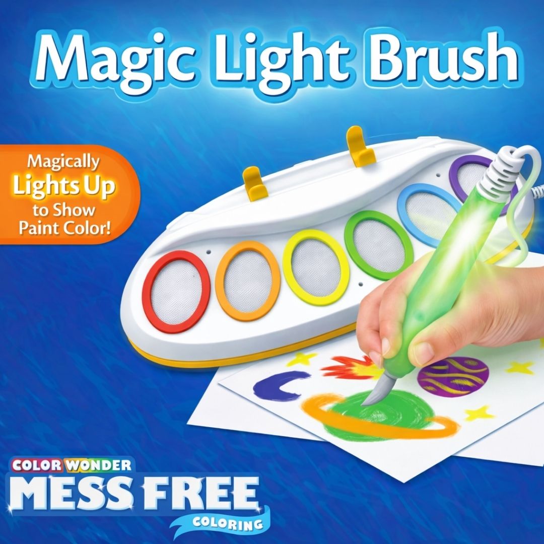 Magic Light Brush with colorful circles and a hand holding a pen on a blue background