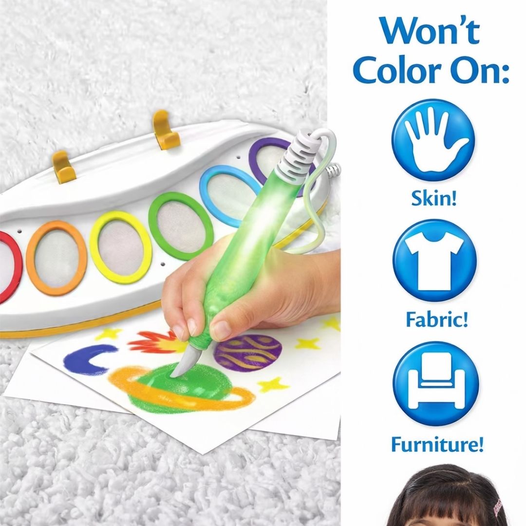 Coloring tool with a child drawing, showing what it won't color on.