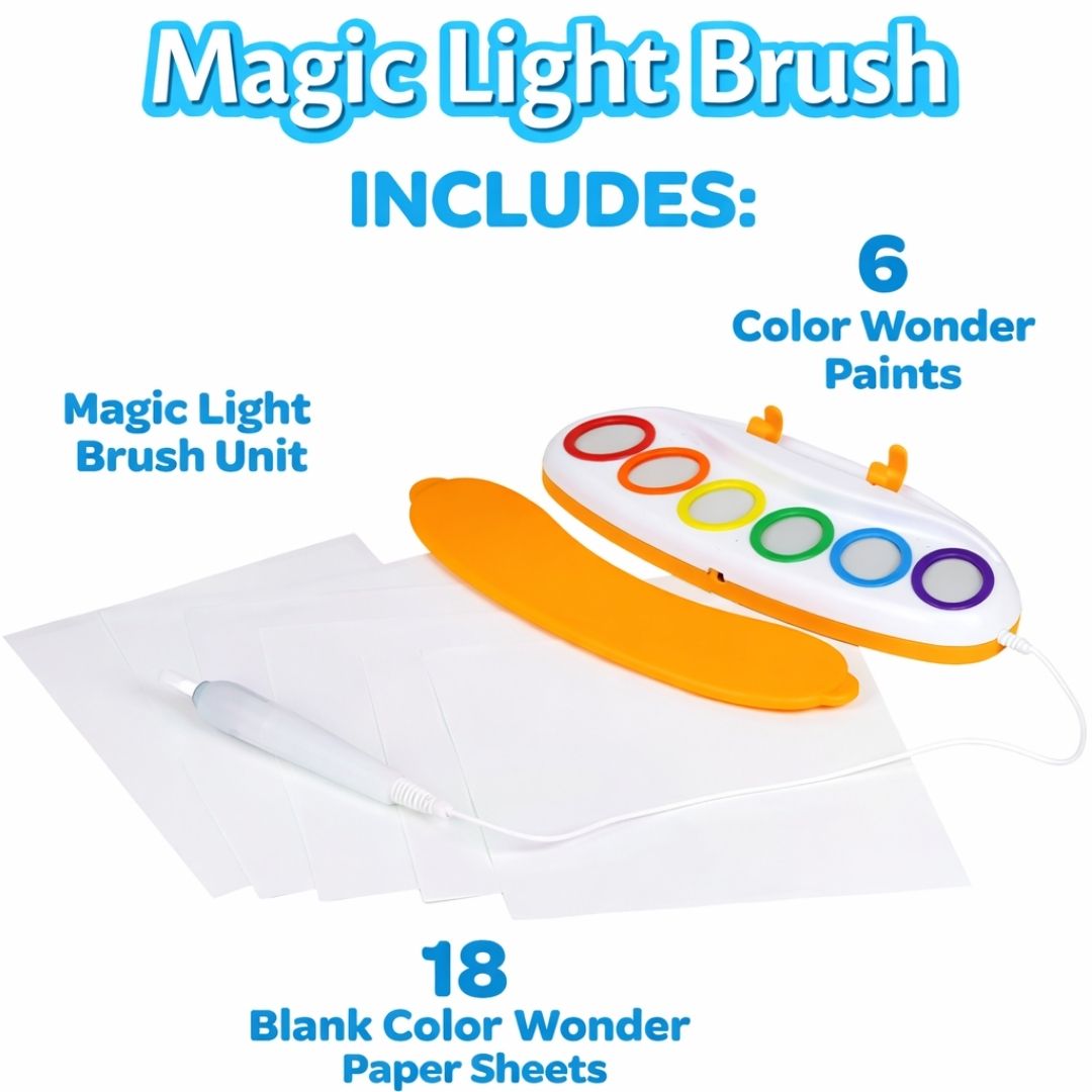 Magic Light Brush set with paint and paper on a white background