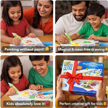 Collage of children using a magic light brush with text highlighting its features and benefits.