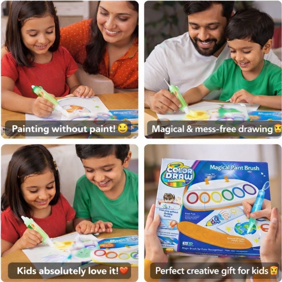 Collage of children using a magical paint brush with text highlighting its features and benefits.