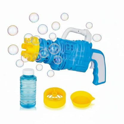 Blue bubble gun with yellow parts and a bottle of bubble solution on a white background