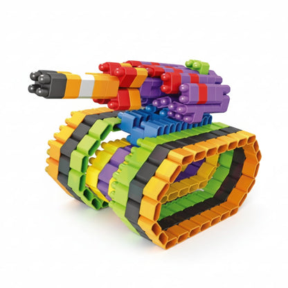 Colorful toy tank made of interlocking bricks on a white background