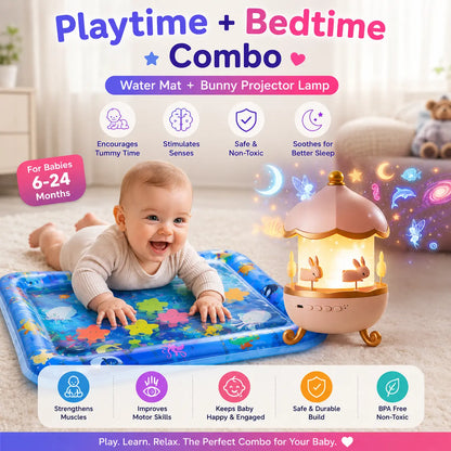 Baby playing on a water mat with a bunny projector lamp in a room setting.