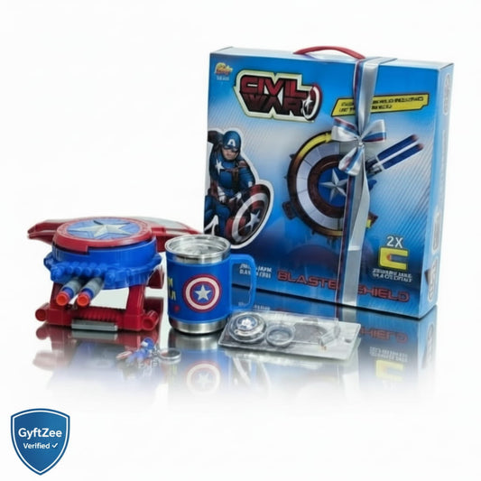 Superhero-themed gift set with mug, blaster, and packaging on a white background