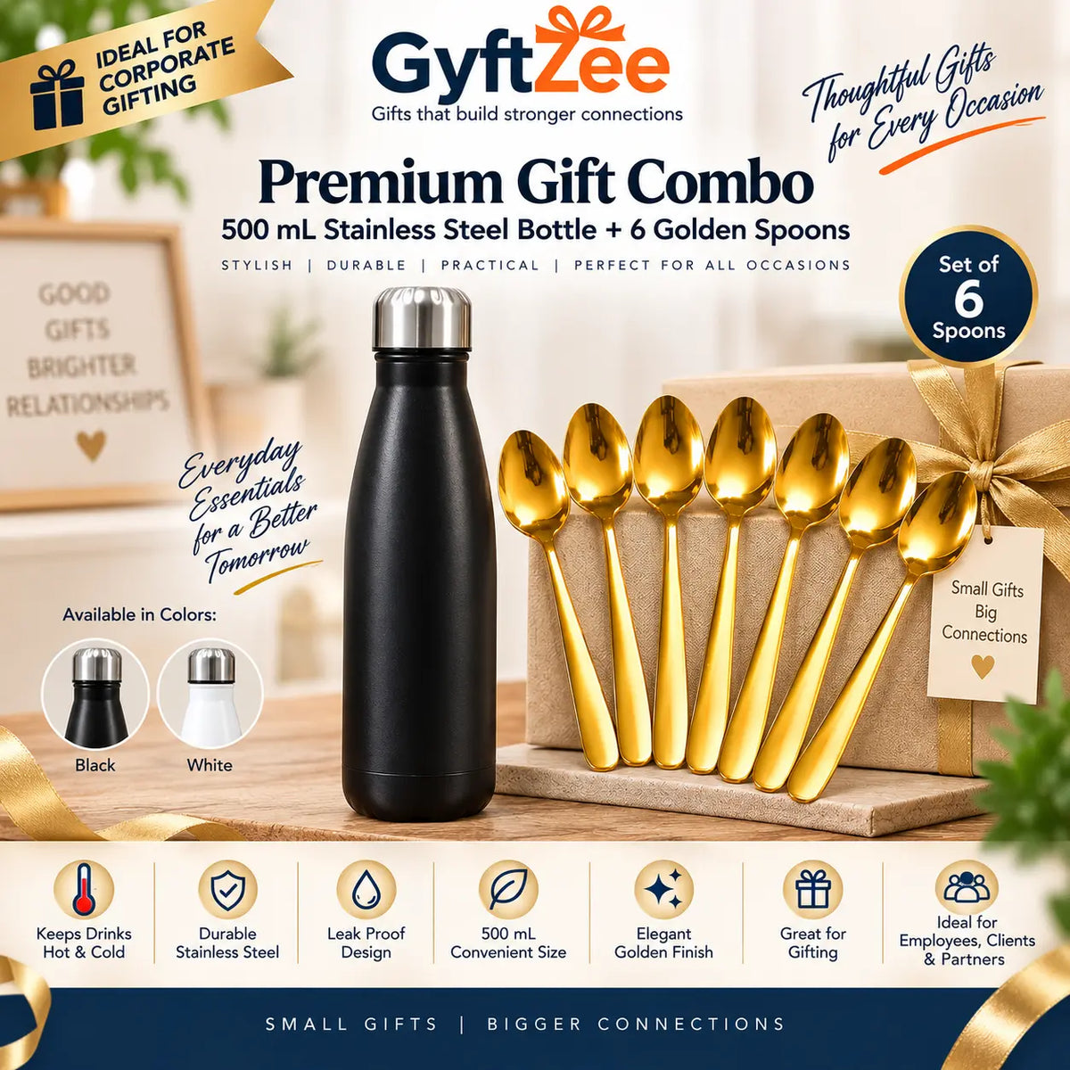 Corporate gift combo with a 500 mL stainless steel bottle and six golden-finish spoons