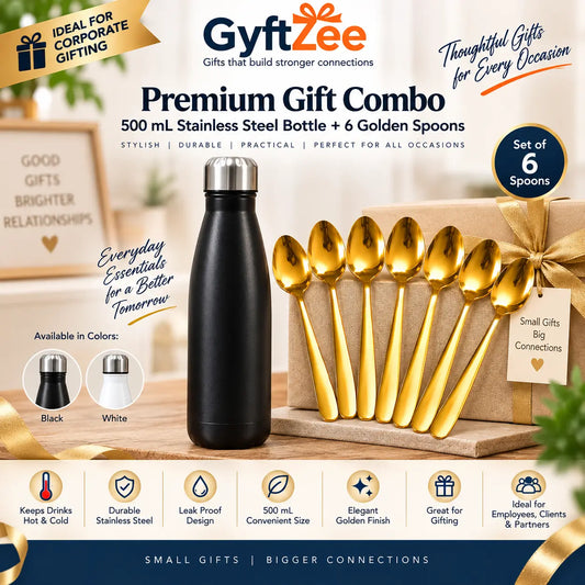 Corporate gift combo with a 500 mL stainless steel bottle and six golden-finish spoons