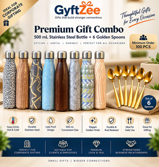Corporate gift combo with a 500 mL stainless steel bottle and six golden-finish spoons