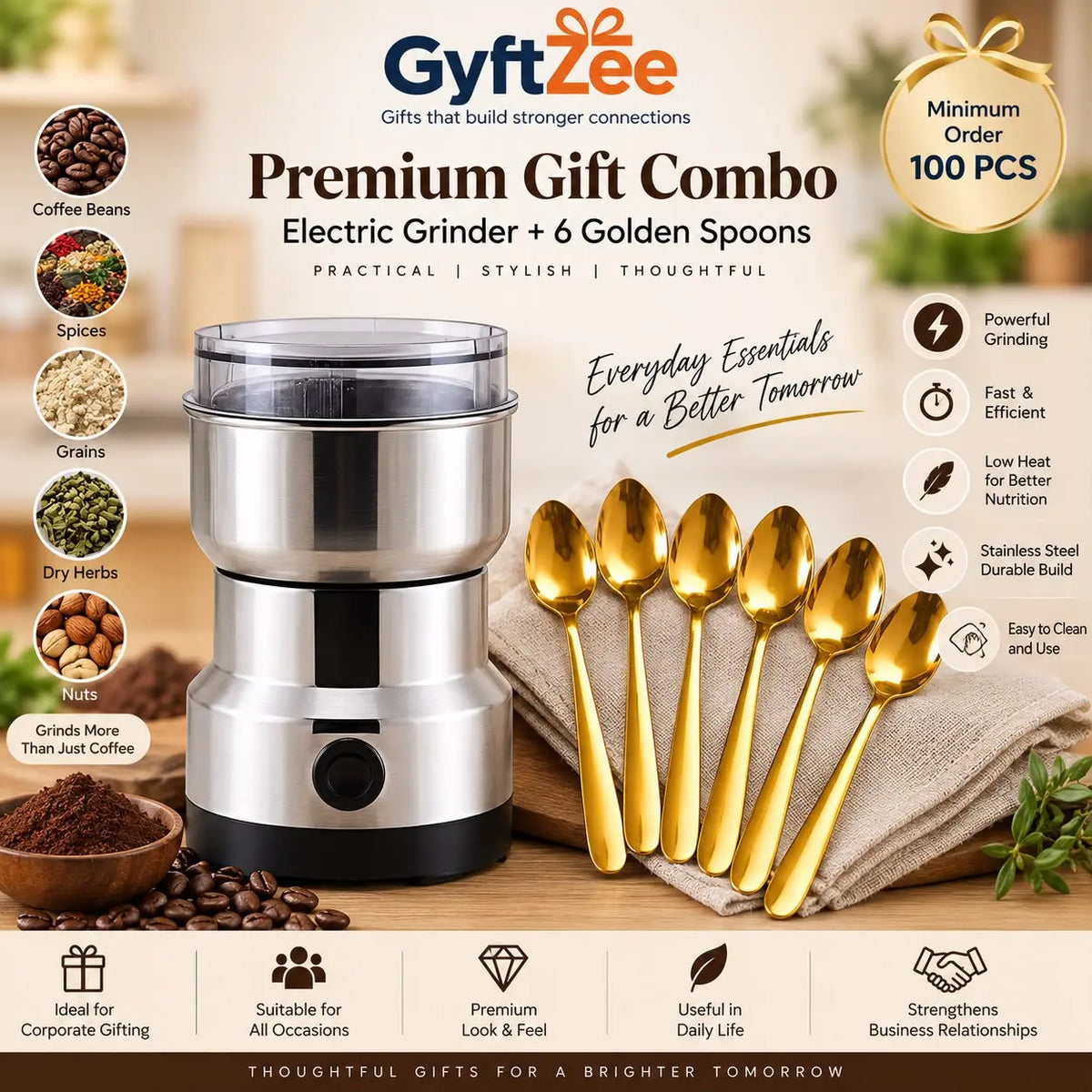 Corporate gift combo with an electric grinder and six golden-finish spoons